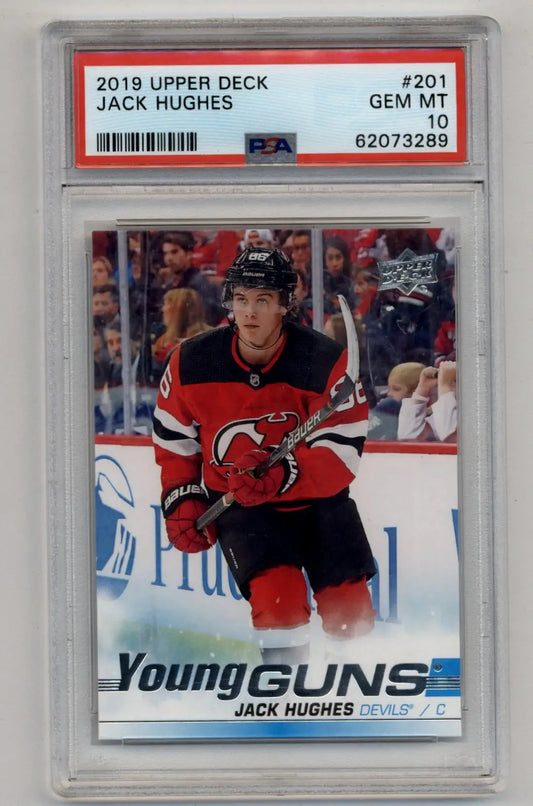PSA-graded Jack Hughes 2019 Upper Deck Young Gun in protective case for collectors