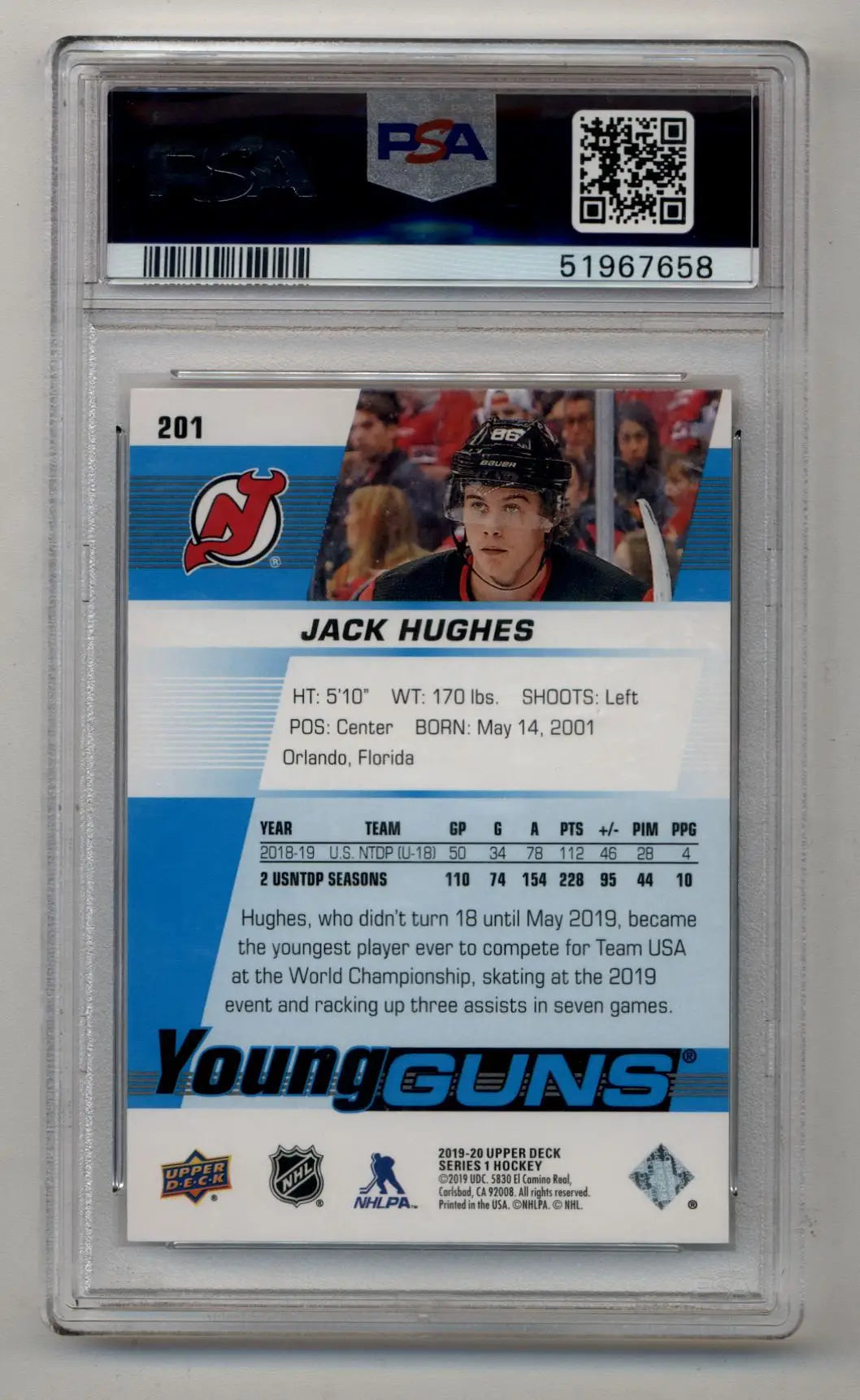 Jack Hughes 2019-20 Upper Deck Young Gun #201 PSA 10 Gem Mint 7658 - Singles