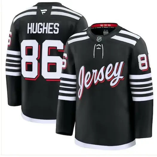Black Jack Hughes New Jersey Devils alternate premium hockey jersey with white and red accents