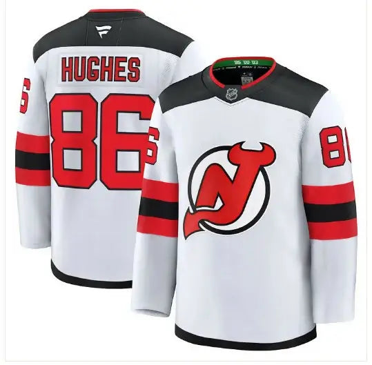 White New Jersey Devils hockey jersey with red and black accents, featuring Jack Hughes design