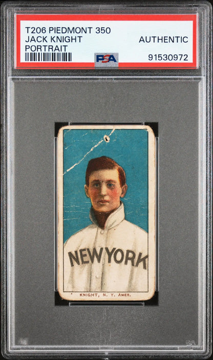 PSA-graded T206 Piedmont 350 Jack Knight Portrait baseball card against blue background