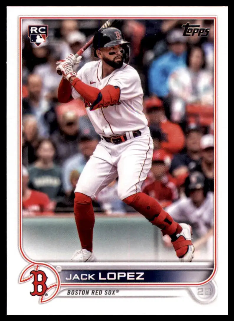 Jack Lopez rookie baseball card from 2022 Topps #418 Boston Red Sox display