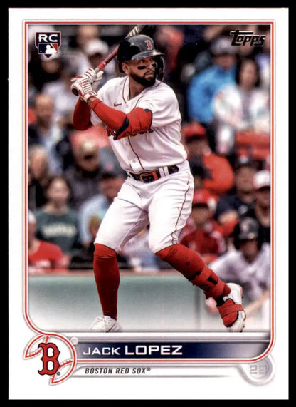 Jack Lopez rookie baseball card from 2022 Topps #418 Boston Red Sox display