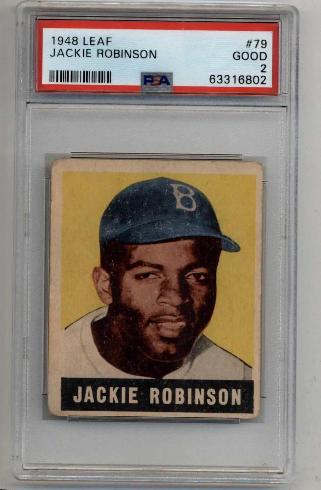 A graded 1948 Leaf Jackie Robinson rookie PSA 2 baseball card in good condition