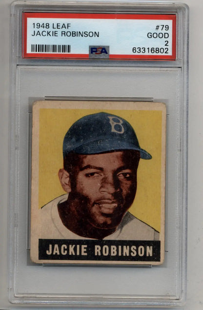 A graded 1948 Leaf Jackie Robinson rookie PSA 2 baseball card in good condition