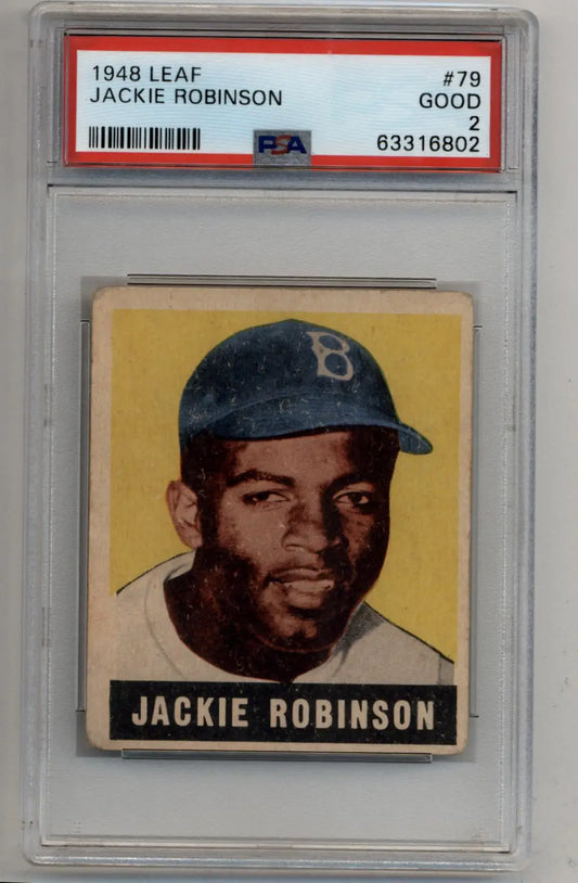 A graded 1948 Leaf Jackie Robinson rookie PSA 2 baseball card in good condition