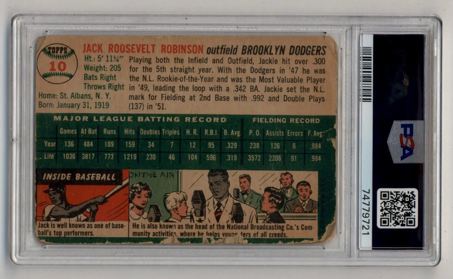 Back view of Jackie Robinson 1954 Topps #10 trading card with stats and biography