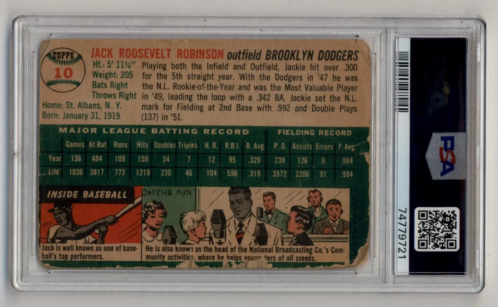 Back view of Jackie Robinson 1954 Topps #10 trading card with stats and biography