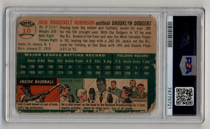 Back view of Jackie Robinson 1954 Topps #10 trading card with stats and biography