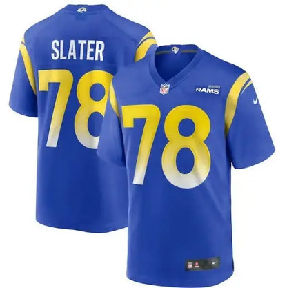 Blue and yellow Los Angeles Rams jersey with number 78, Jackie Slater Los Angeles Rams Nike game retired player jersey