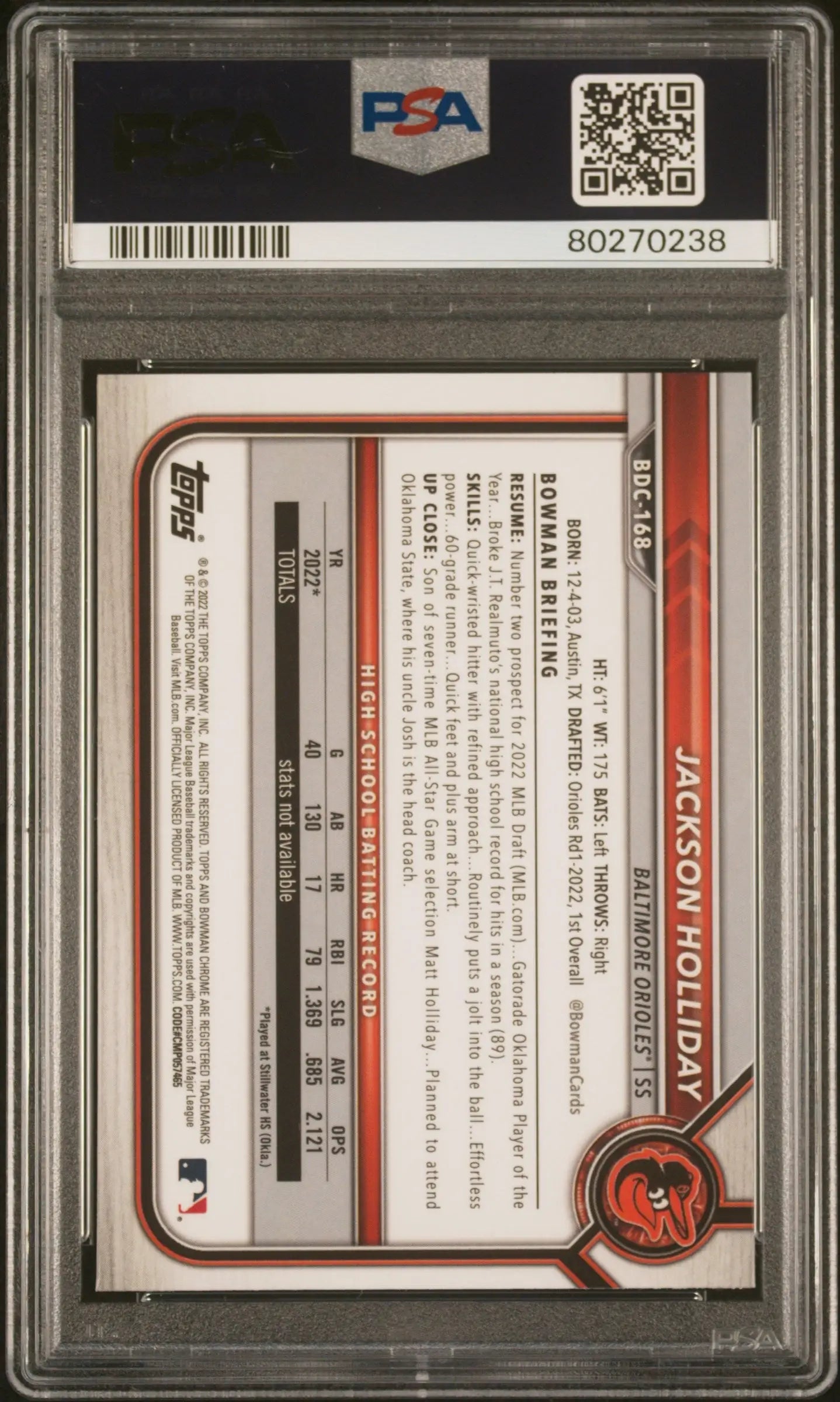 Jackson Holliday Bowman Draft Sapphire trading card graded PSA 10 Gem Mint