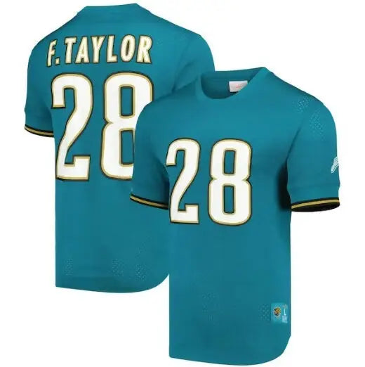 Teal blue Jacksonville Jaguars Mesh Crew football jerseys with white numbers and trim