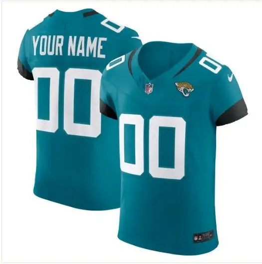 Two teal Jacksonville Jaguars Nike Vapor F.U.S.E. Elite custom jerseys with white numbers