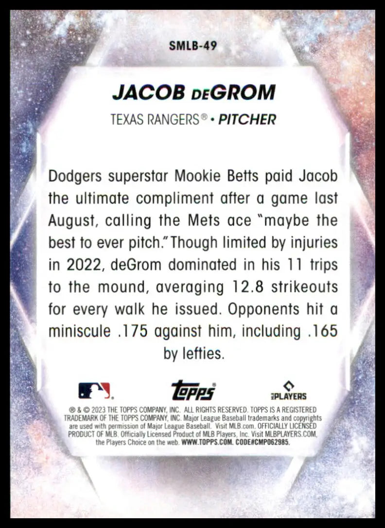 Jacob deGrom baseball card from 2023 Topps Stars of MLB Texas Rangers collection