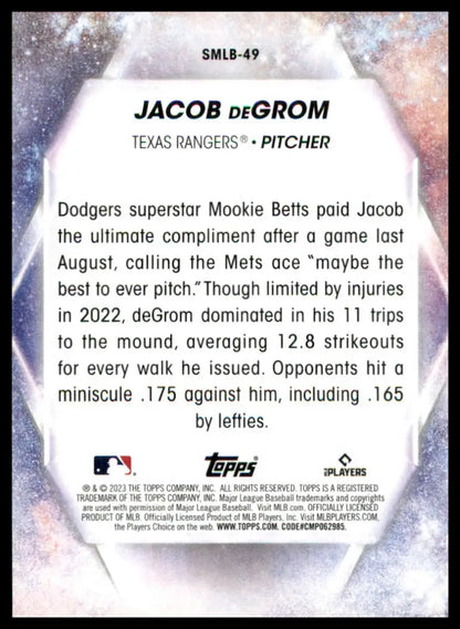 Jacob deGrom baseball card from 2023 Topps Stars of MLB Texas Rangers collection