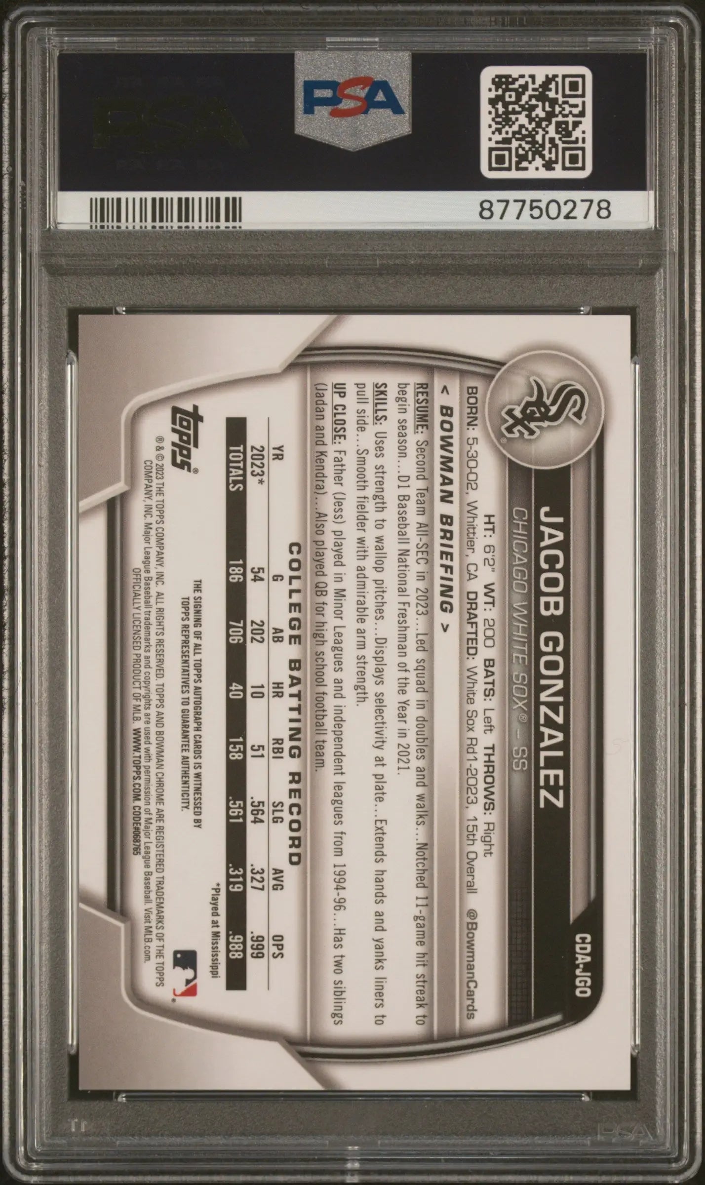 Jacob Gonzalez 2023 Bowman Chrome Autograph PSA 10 Gem Mint card in protective case with QR code