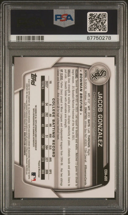 Jacob Gonzalez 2023 Bowman Chrome Autograph PSA 10 Gem Mint card in protective case with QR code