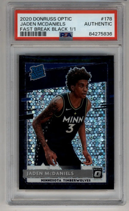 Jaden McDaniels 2020-21 Donruss Optic Fast Break Black 1/1 PSA Authentic - Singles
