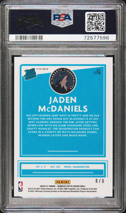 PSA-graded Jaden McDaniels Donriss Optic Black Gold trading card in light blue and white design