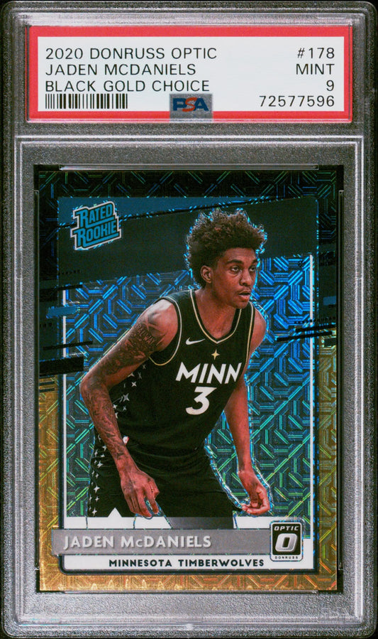 PSA-graded Jaden McDaniels 2020 Donruss Optic Black Gold #8/8 basketball card Mint