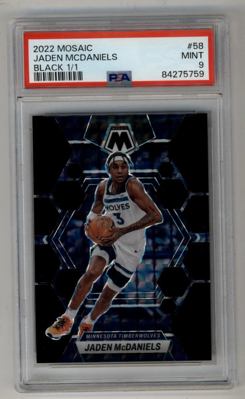 PSA-graded Jaden McDaniels 2022 Mosaic Black trading card with a dark geometric design