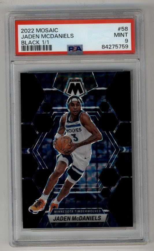 PSA-graded Jaden McDaniels 2022 Mosaic Black trading card with a dark geometric design