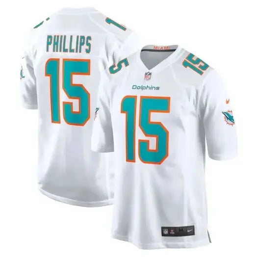 White Miami Dolphins Jaelan Phillips Nike Game Jersey with teal and orange number 15 and Phillips name