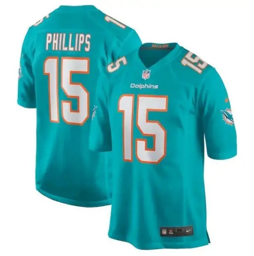 Miami Dolphins Jaelan Phillips #15 football jersey displayed in aqua Nike Game Player Jersey