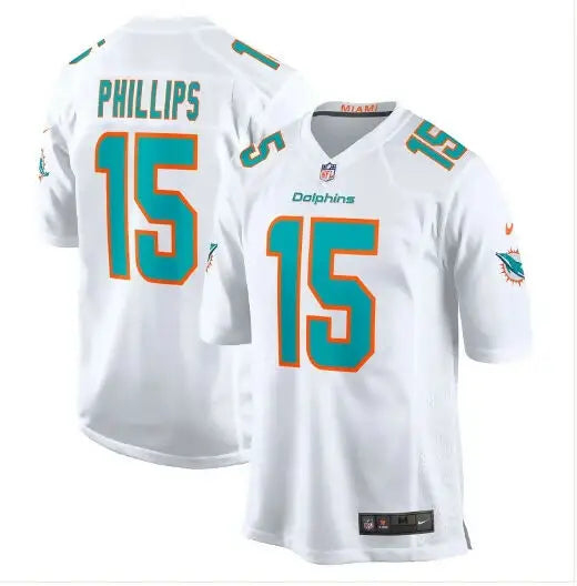 Two white Miami Dolphins football jerseys with teal numbers and lettering