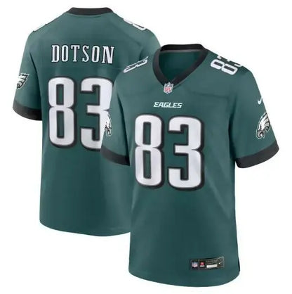 Green Jahan Dotson Philadelphia Eagles Nike jersey featuring number 83 in midnight green