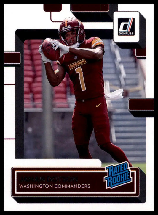 Football card featuring Jahan Dotson Rookie 2022 Donruss Washington Commanders