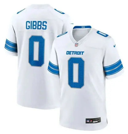 White Detroit Lions football jersey with blue trim and number 0, Nike 2nd Alternate Game Player Jersey