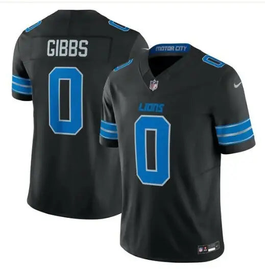 Black Detroit Lions football jersey with blue accents and number 0, Jahmyr Gibbs Nike jersey
