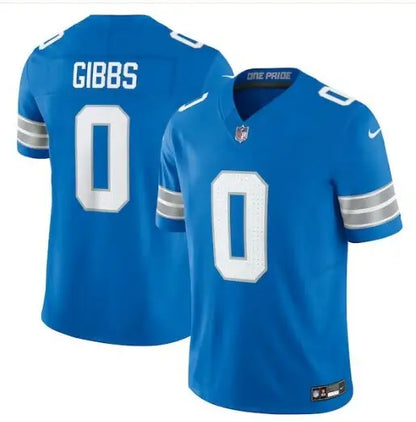 Blue Detroit Lions football jersey with white number 0 and GIBBS on the back
