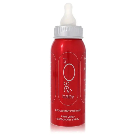 Red Jai Ose Baby deodorant spray bottle with silver cap and white nipple top