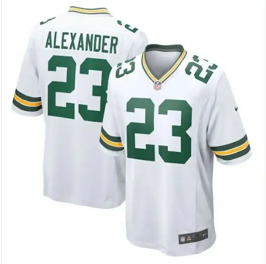White Jaire Alexander Green Bay Packers Nike game jersey with green numbers and lettering