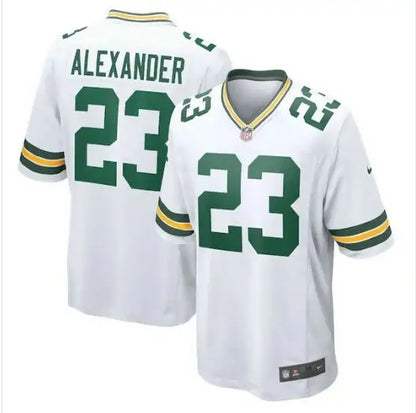 White Jaire Alexander Green Bay Packers Nike game jersey with green numbers and lettering