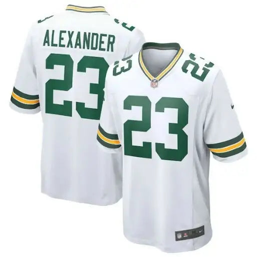 White Green Bay Packers Jaire Alexander #23 football jersey displayed in product image