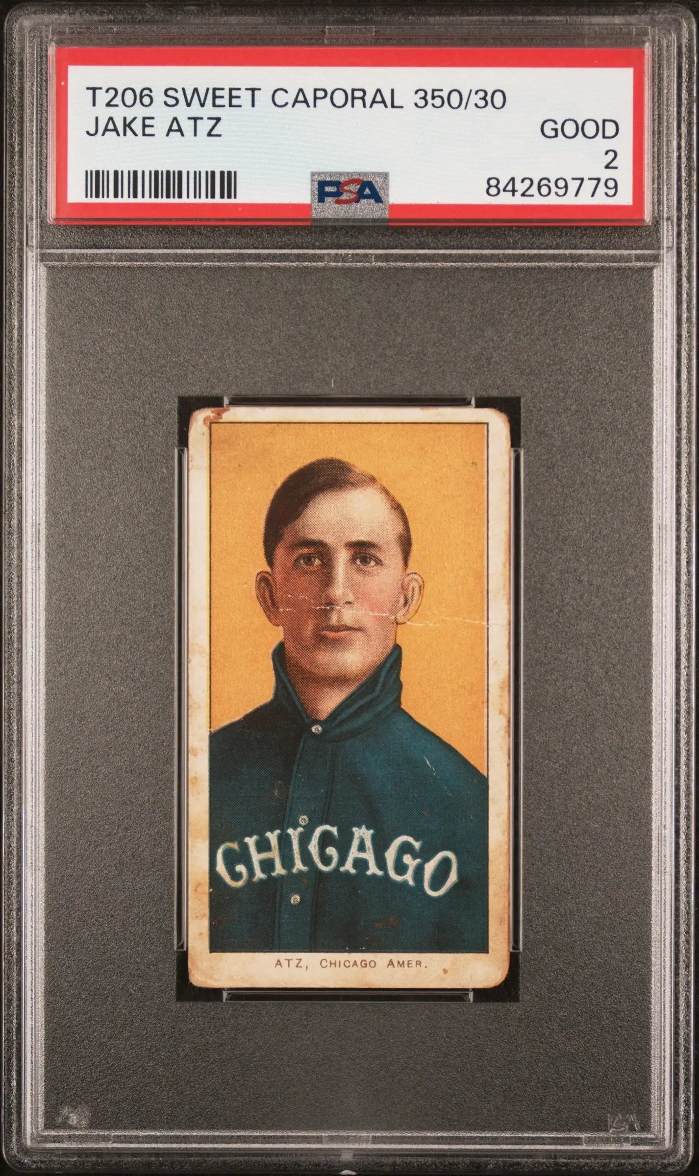 PSA-graded Jake Atz T206 Sweet Caporal baseball card in dark Chicago uniform