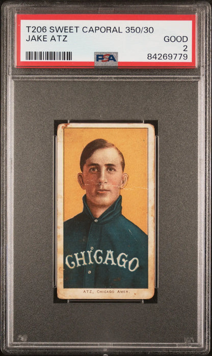 PSA-graded Jake Atz T206 Sweet Caporal baseball card in dark Chicago uniform