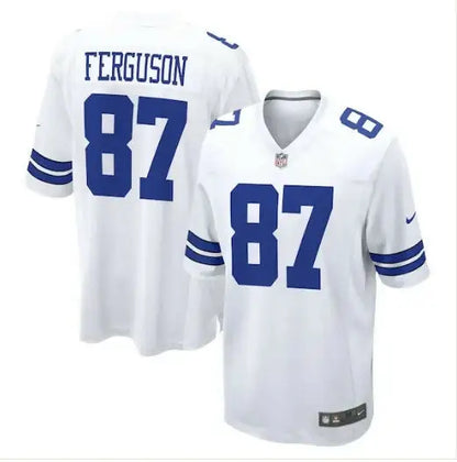 White Dallas Cowboys Nike Game Jerseys with blue numbers and lettering featuring Jake Ferguson