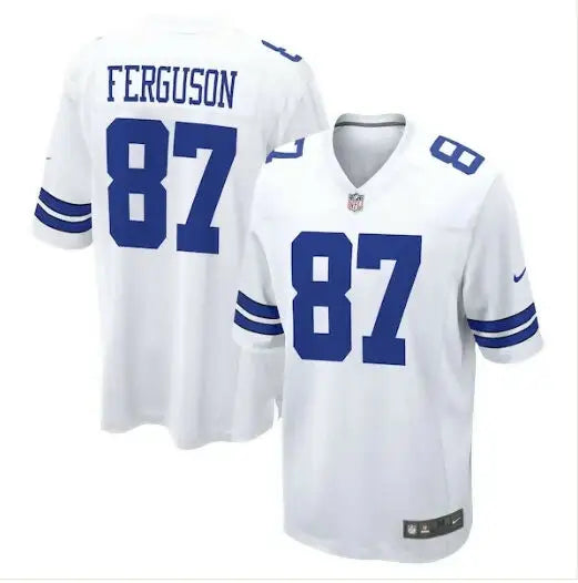 White Dallas Cowboys Nike Game Jerseys with blue numbers and lettering featuring Jake Ferguson