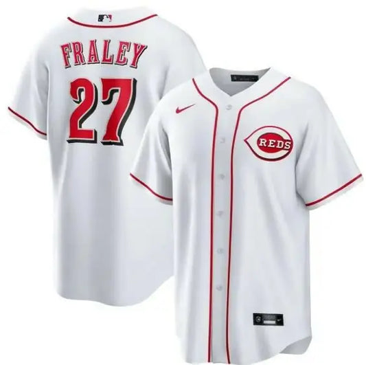 White Cincinnati Reds baseball jersey featuring Jake Fraley Nike Home Replica design