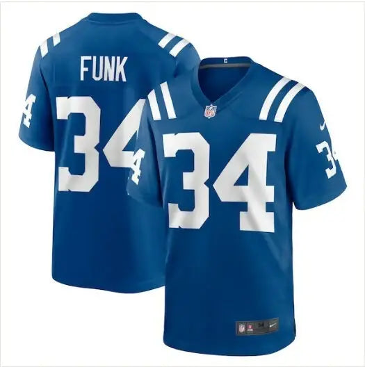 Blue Jake Funk Indianapolis Colts Nike game jersey with FUNK and 34 printed in white