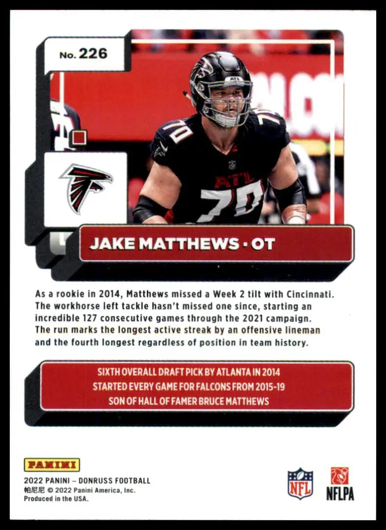 Jake Matthews 2022 Donruss football card featuring Atlanta Falcons player
