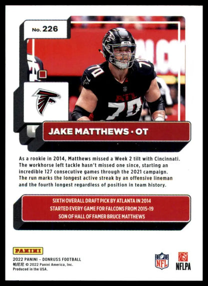 Jake Matthews 2022 Donruss football card featuring Atlanta Falcons player