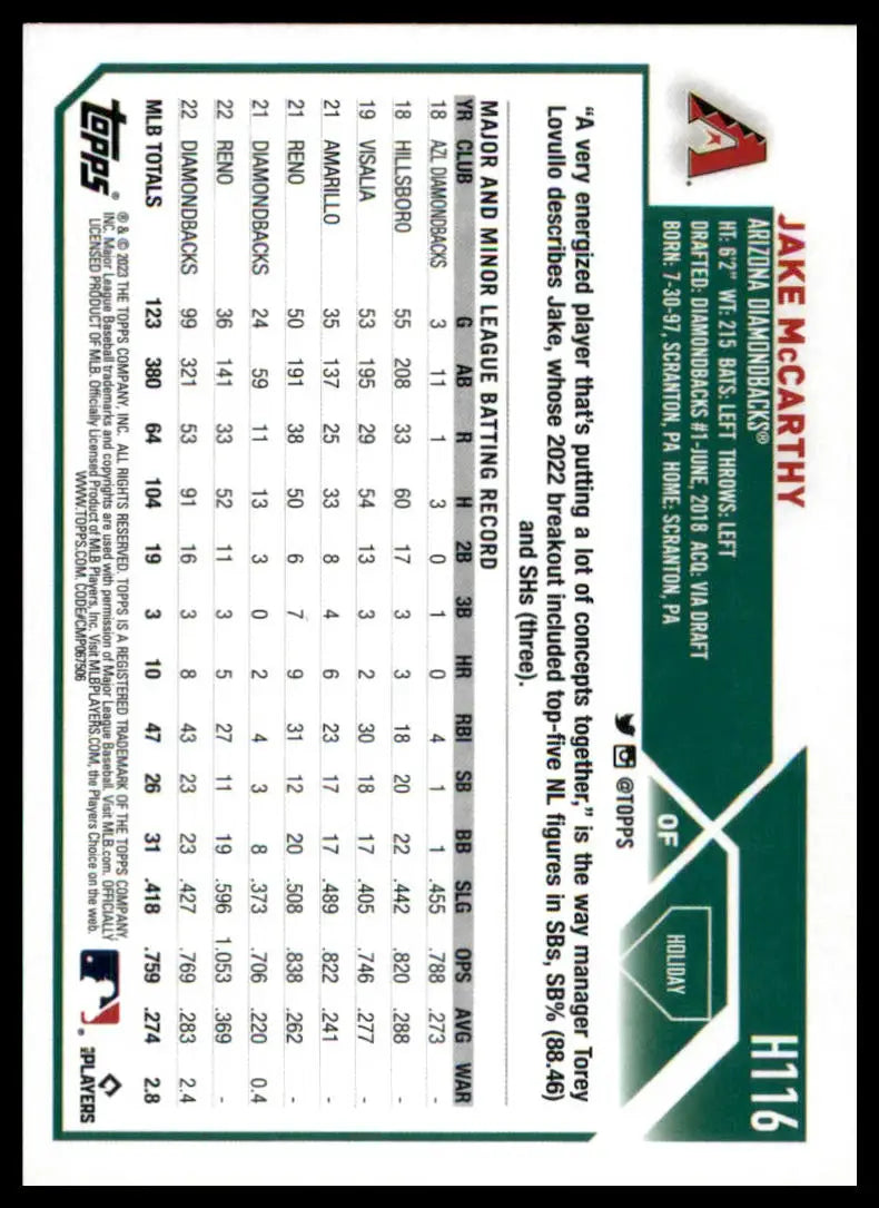 Jake McCarthy baseball card from 2023 Topps Holiday Metallic series featuring Arizona Diamondbacks