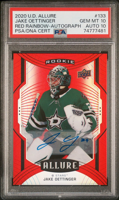 PSA-graded Jake Oettinger 2020 Upper Deck Allure Red Rainbow Auto collectible hockey card