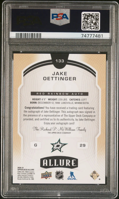 PSA-graded Jake Oettinger 2020 Upper Deck Allure Red Rainbow Auto card back with stats