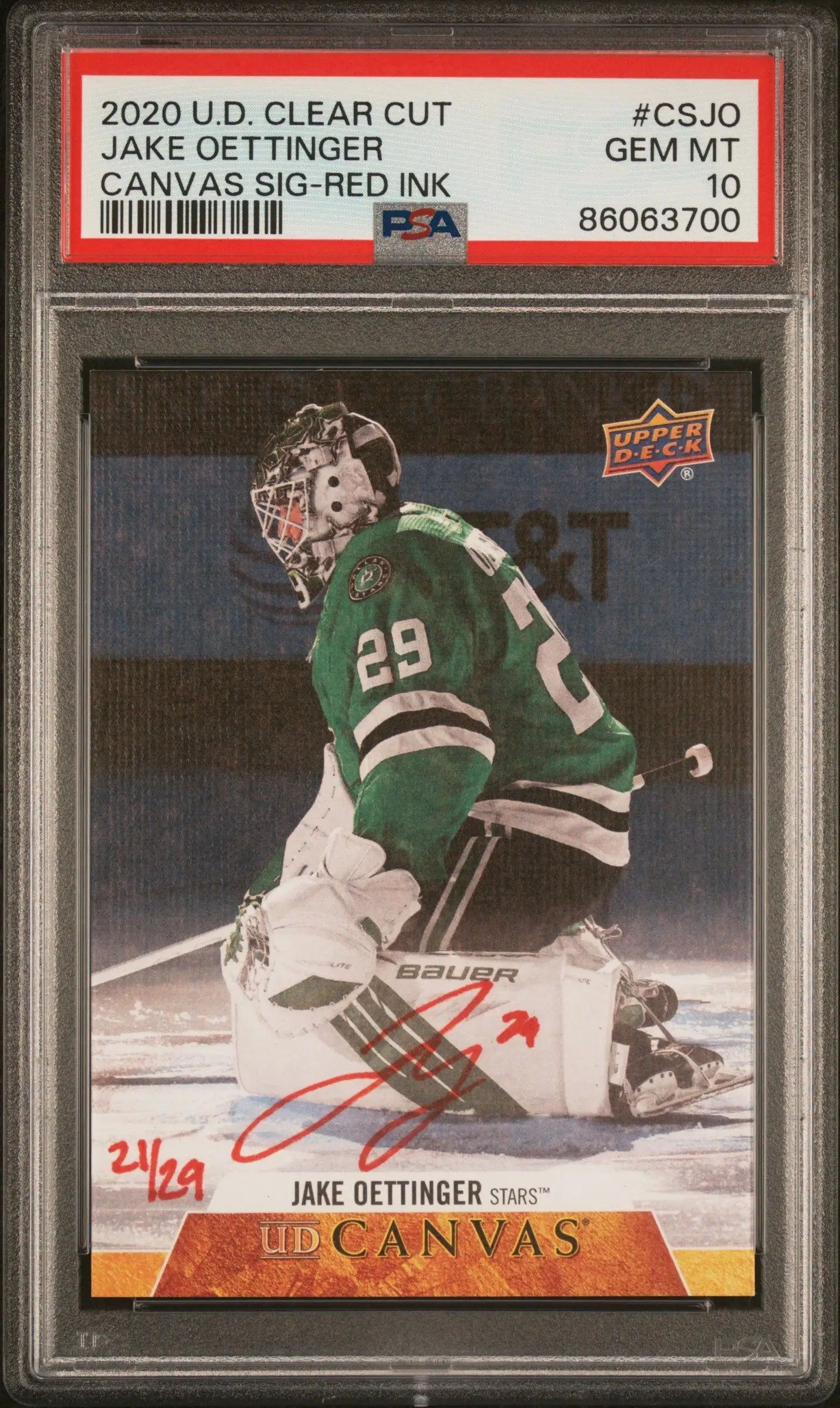 Jake Oettinger 2020 Upper Deck Clear Cut Canvas Auto #21/29 PSA 10 Gem Mint - Singles